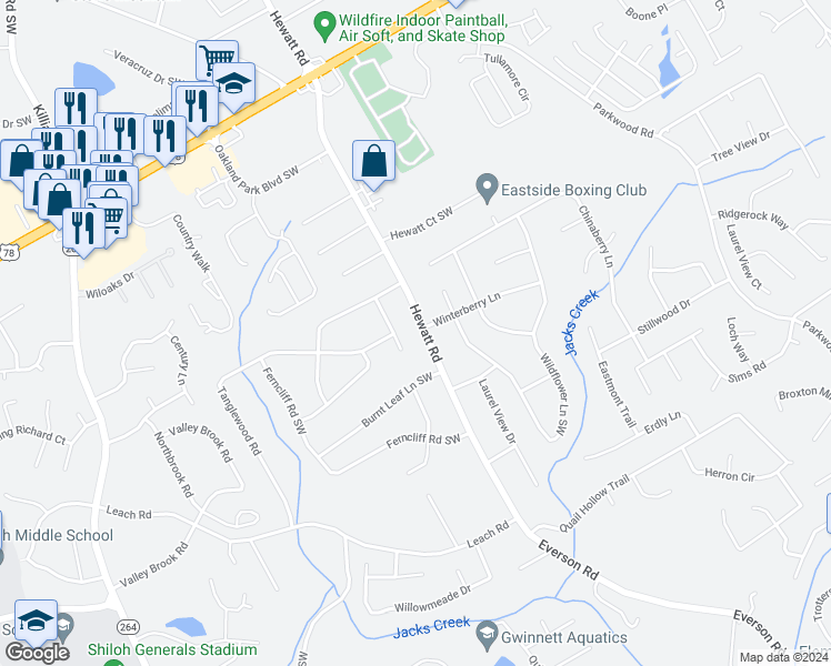map of restaurants, bars, coffee shops, grocery stores, and more near 2479 Hewatt Road in Snellville
