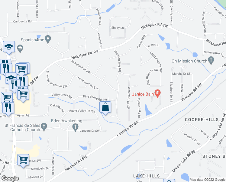 map of restaurants, bars, coffee shops, grocery stores, and more near 244 Saint Patrick Drive Southwest in Mableton