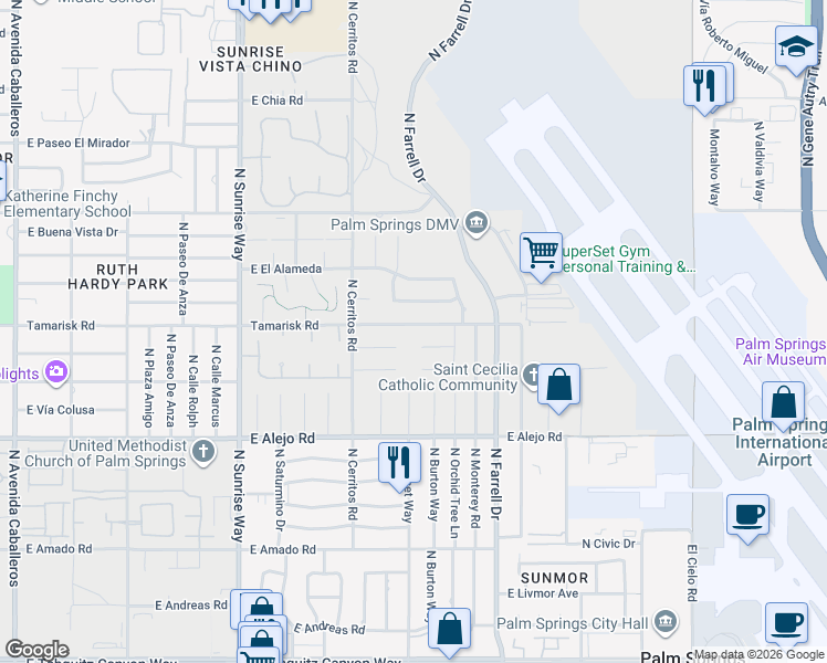 map of restaurants, bars, coffee shops, grocery stores, and more near 2351 Tamarisk Road in Palm Springs