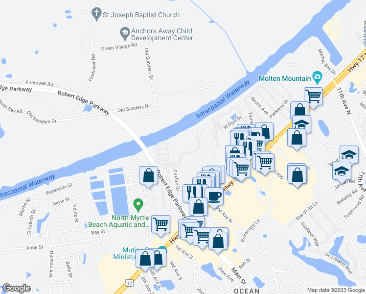 map of restaurants, bars, coffee shops, grocery stores, and more near 203 Landing Road in North Myrtle Beach