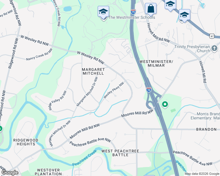 map of restaurants, bars, coffee shops, grocery stores, and more near 1355 Wesley Pkwy NW in Atlanta
