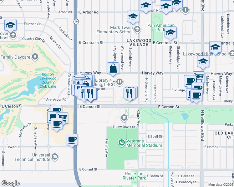 map of restaurants, bars, coffee shops, grocery stores, and more near 4130 Faculty Avenue in Long Beach