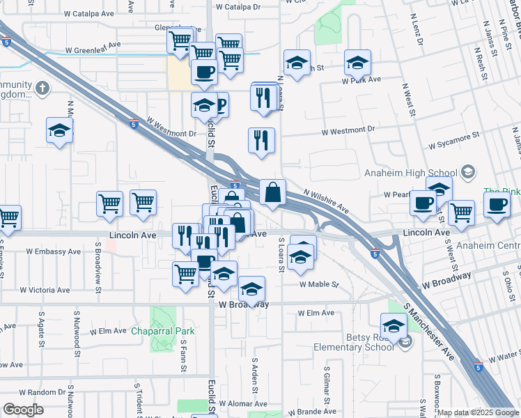 map of restaurants, bars, coffee shops, grocery stores, and more near 329 North Manchester Avenue in Anaheim
