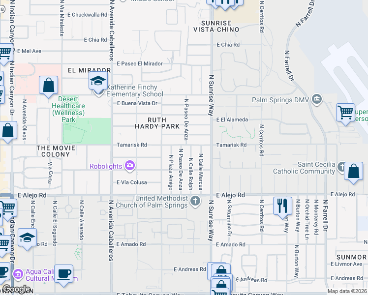 map of restaurants, bars, coffee shops, grocery stores, and more near 1399 Tamarisk Road in Palm Springs