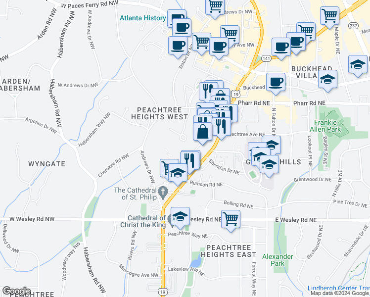 map of restaurants, bars, coffee shops, grocery stores, and more near 2870 Pharr Court South Northwest in Atlanta