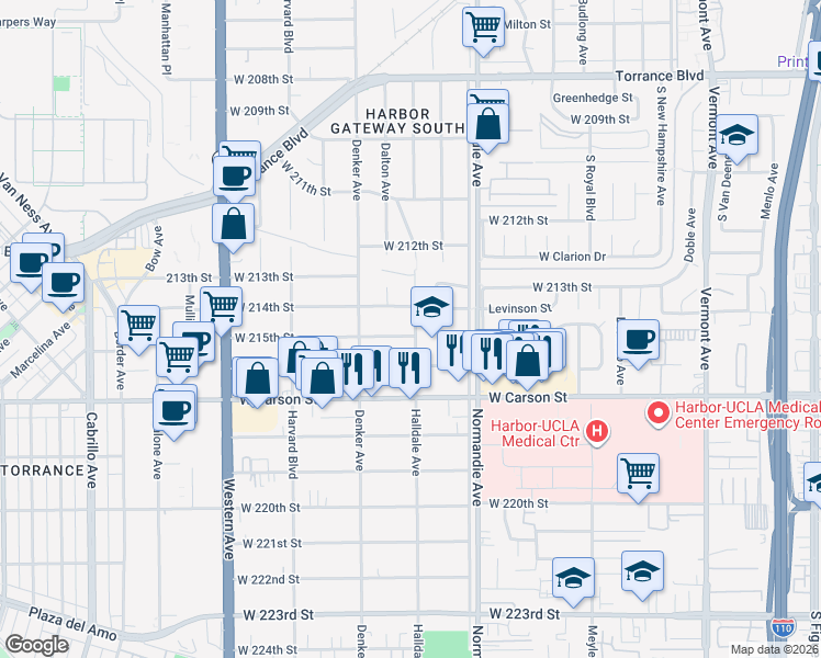 map of restaurants, bars, coffee shops, grocery stores, and more near 21429 Halldale Avenue in Torrance