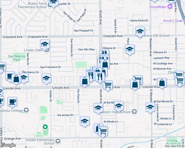 map of restaurants, bars, coffee shops, grocery stores, and more near 6900 Younger Drive in Buena Park