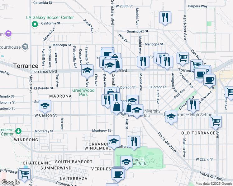 map of restaurants, bars, coffee shops, grocery stores, and more near 1455 Crenshaw Boulevard in Torrance