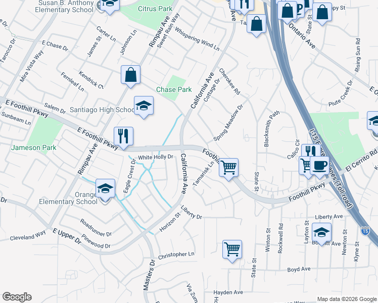 map of restaurants, bars, coffee shops, grocery stores, and more near 1555 Lupine Cir in Corona