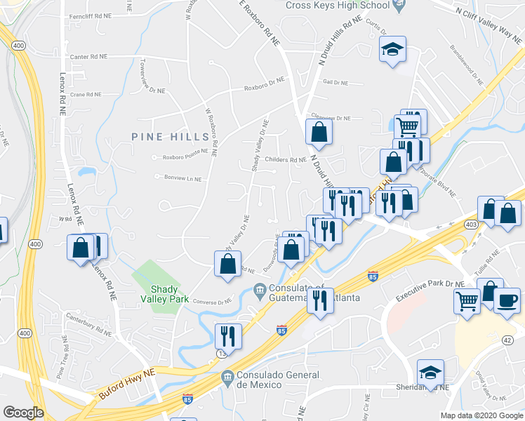 map of restaurants, bars, coffee shops, grocery stores, and more near 1687 Buckhead Court Northeast in Atlanta