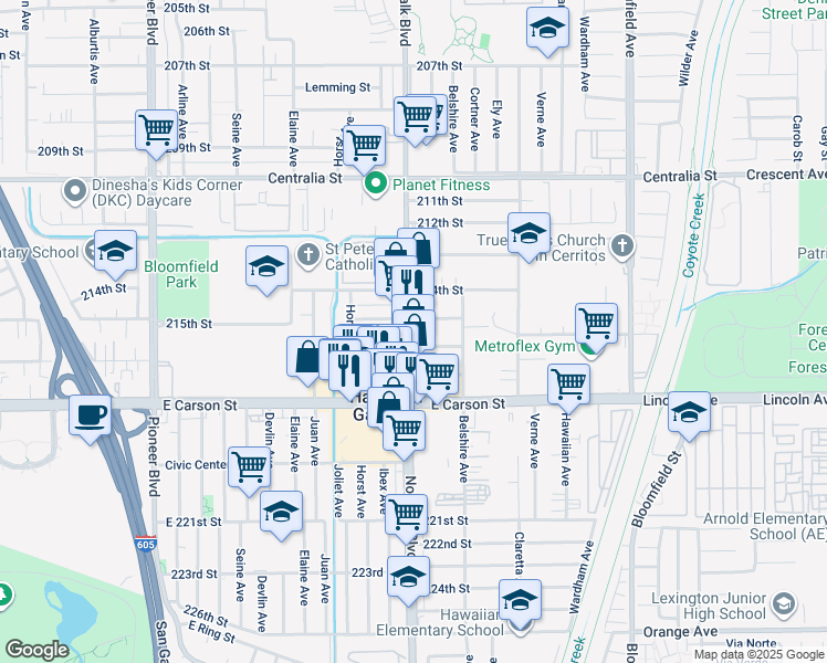 map of restaurants, bars, coffee shops, grocery stores, and more near 21512 Norwalk Boulevard in Hawaiian Gardens