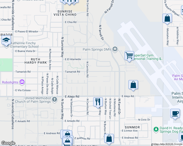 map of restaurants, bars, coffee shops, grocery stores, and more near 2155 Tamarisk Road in Palm Springs