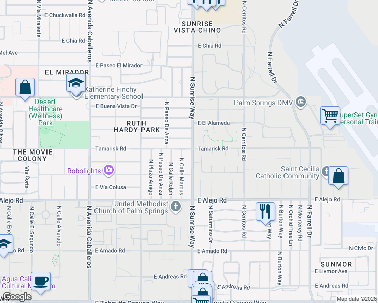 map of restaurants, bars, coffee shops, grocery stores, and more near 1610 Tamarisk Road in Palm Springs