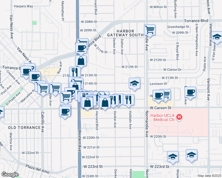 map of restaurants, bars, coffee shops, grocery stores, and more near 1513 West 215th Street in Torrance