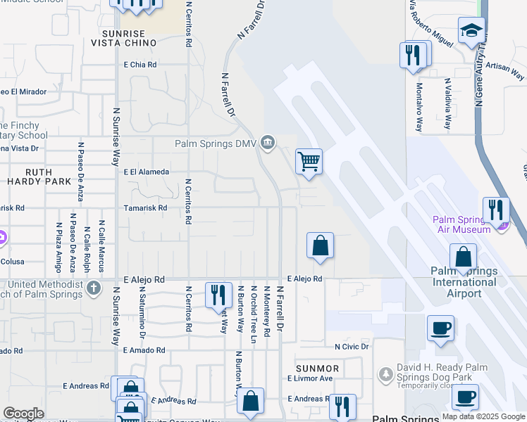 map of restaurants, bars, coffee shops, grocery stores, and more near 695 North Monterey Road in Palm Springs