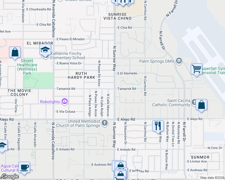 map of restaurants, bars, coffee shops, grocery stores, and more near 1610 Tamarisk Road in Palm Springs