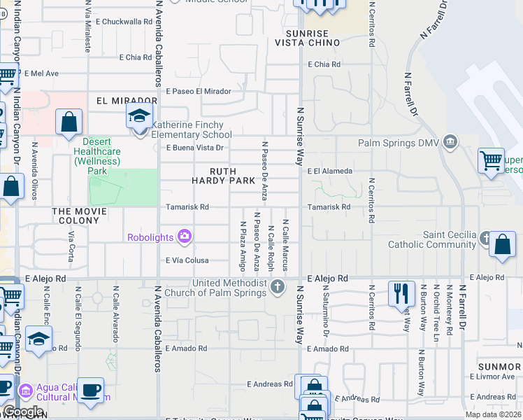map of restaurants, bars, coffee shops, grocery stores, and more near 1399 Tamarisk Road in Palm Springs