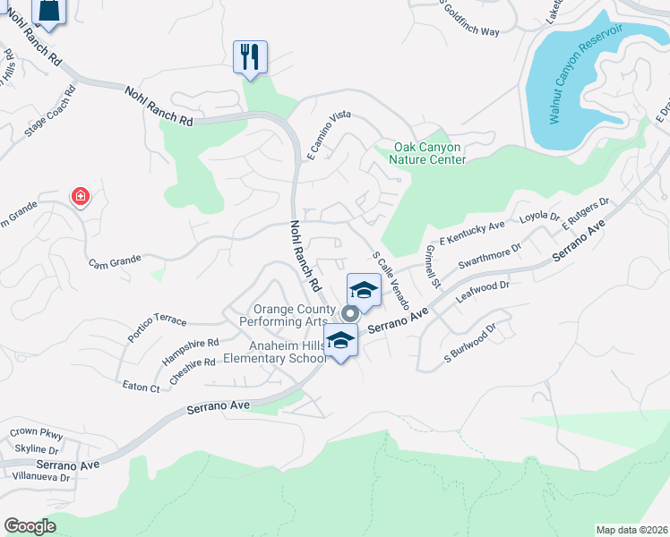 map of restaurants, bars, coffee shops, grocery stores, and more near 6540 East Paseo Diego in Anaheim