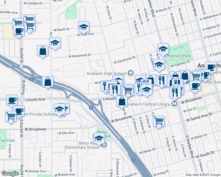 map of restaurants, bars, coffee shops, grocery stores, and more near 208 North Carleton Avenue in Anaheim