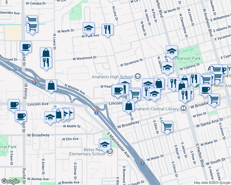 map of restaurants, bars, coffee shops, grocery stores, and more near 208 North Carleton Avenue in Anaheim