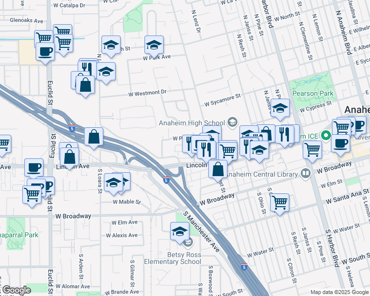 map of restaurants, bars, coffee shops, grocery stores, and more near 1221 West Diamond Street in Anaheim