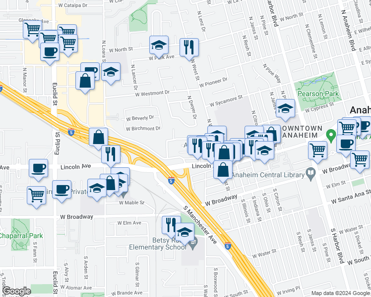 map of restaurants, bars, coffee shops, grocery stores, and more near 1221 West Diamond Street in Anaheim