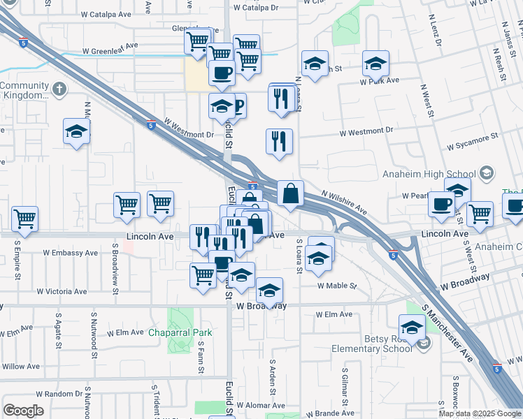map of restaurants, bars, coffee shops, grocery stores, and more near 329 N Manchester Ave in Anaheim