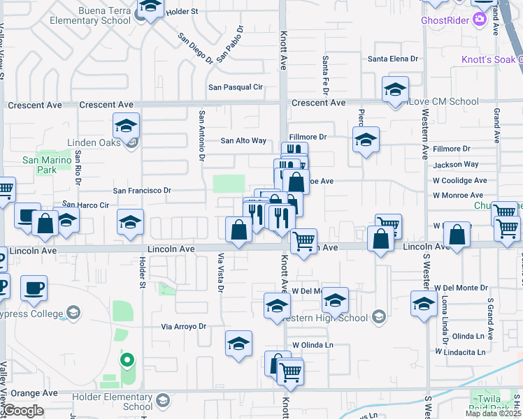 map of restaurants, bars, coffee shops, grocery stores, and more near 6900 Younger Drive in Buena Park