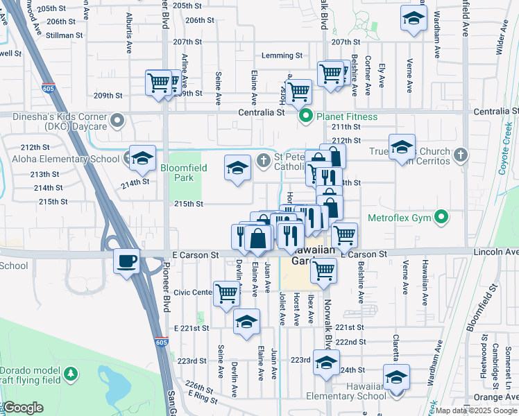 map of restaurants, bars, coffee shops, grocery stores, and more near 21502 Juan Avenue in Hawaiian Gardens