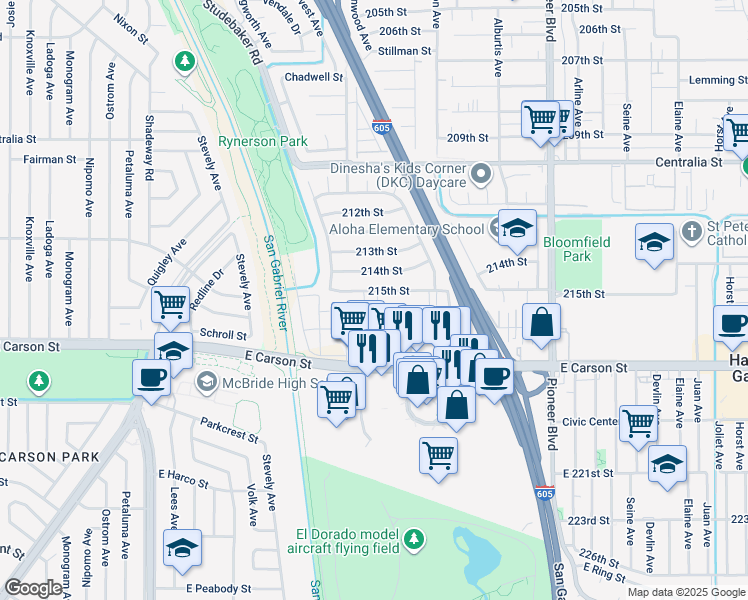 map of restaurants, bars, coffee shops, grocery stores, and more near 11414 215th Street in Lakewood