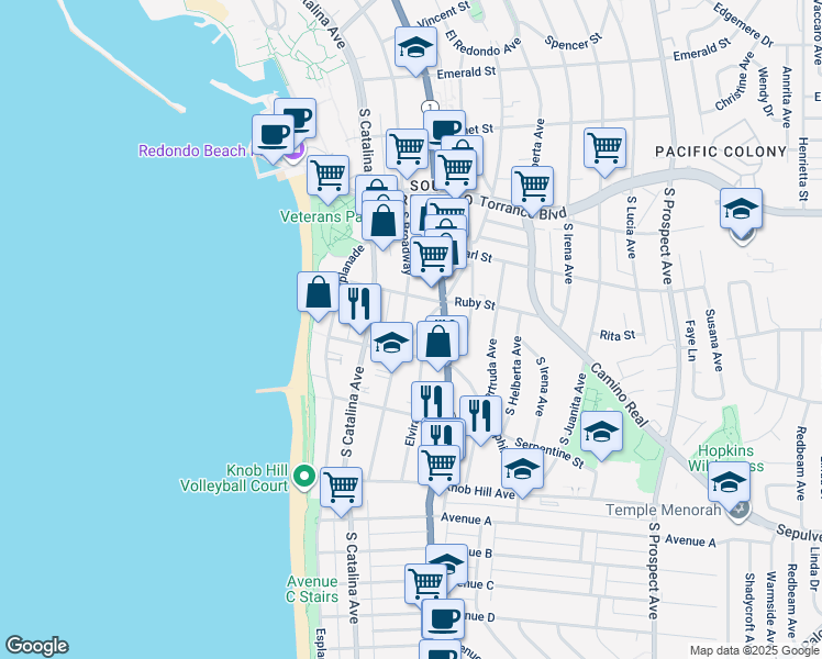 map of restaurants, bars, coffee shops, grocery stores, and more near 511 South Guadalupe Avenue in Redondo Beach