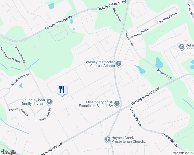 map of restaurants, bars, coffee shops, grocery stores, and more near 1601 Rose Garden Lane in Loganville