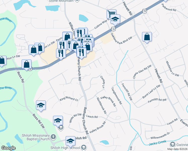 map of restaurants, bars, coffee shops, grocery stores, and more near 4063 Overland Trail Southwest in Snellville