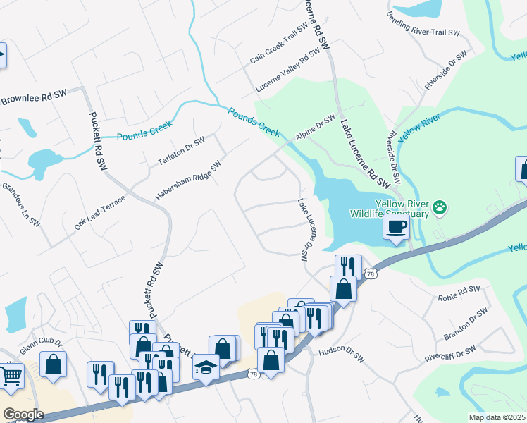 map of restaurants, bars, coffee shops, grocery stores, and more near 4774 Saint Bernard Drive Southwest in Lilburn