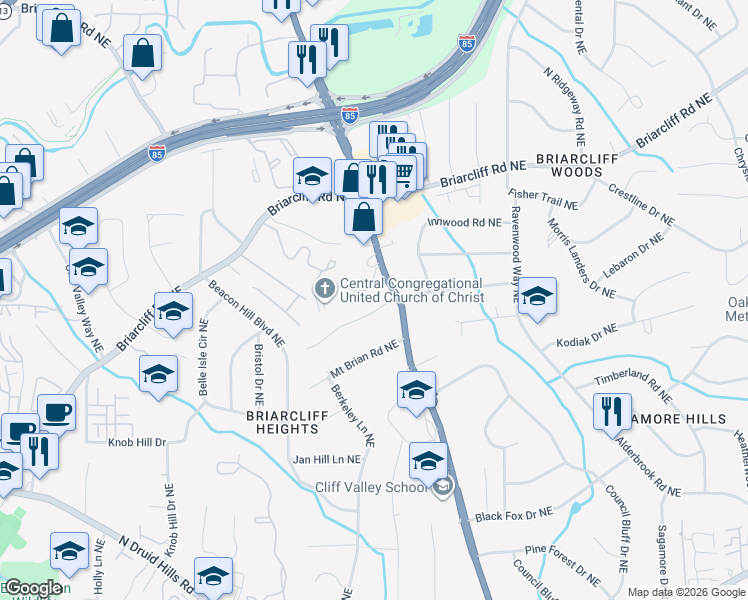map of restaurants, bars, coffee shops, grocery stores, and more near 1916 Audubon Drive Northeast in Atlanta