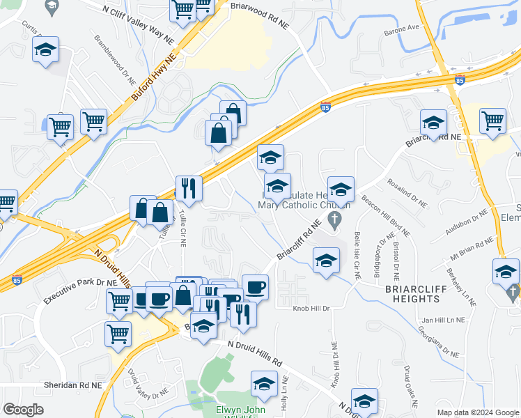 map of restaurants, bars, coffee shops, grocery stores, and more near 1121 Westchester Ridge Northeast in Atlanta