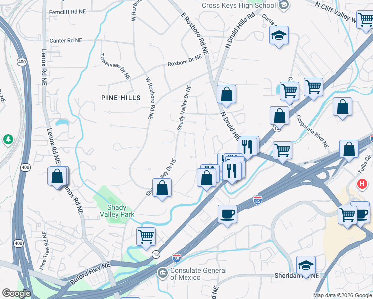 map of restaurants, bars, coffee shops, grocery stores, and more near 1687 Buckhead Court Northeast in Atlanta