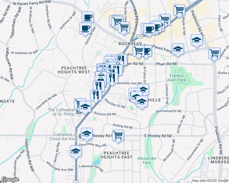 map of restaurants, bars, coffee shops, grocery stores, and more near 2893 Peachtree Street Northeast in Atlanta