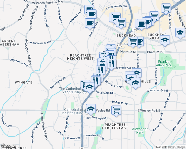map of restaurants, bars, coffee shops, grocery stores, and more near 2870 Pharr Court South Northwest in Atlanta