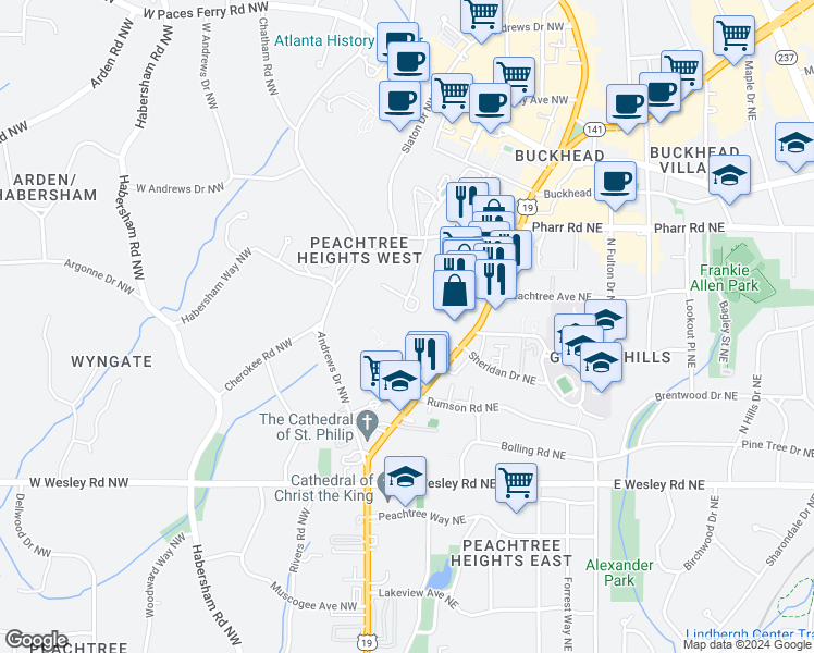 map of restaurants, bars, coffee shops, grocery stores, and more near 2870 Pharr Court South Northwest in Atlanta
