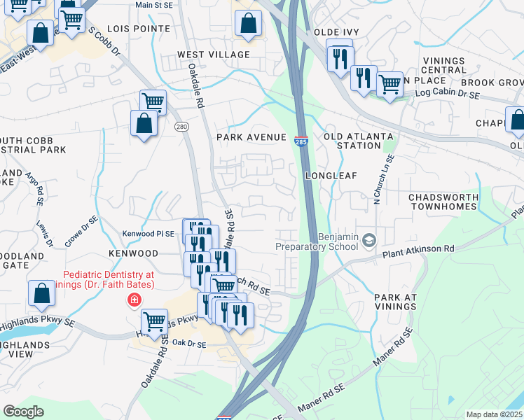 map of restaurants, bars, coffee shops, grocery stores, and more near 4949 Oakdale Road in Smyrna