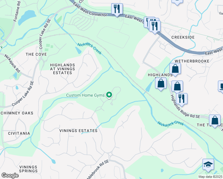 map of restaurants, bars, coffee shops, grocery stores, and more near 529 Vinings Estates Drive Southeast in Mableton