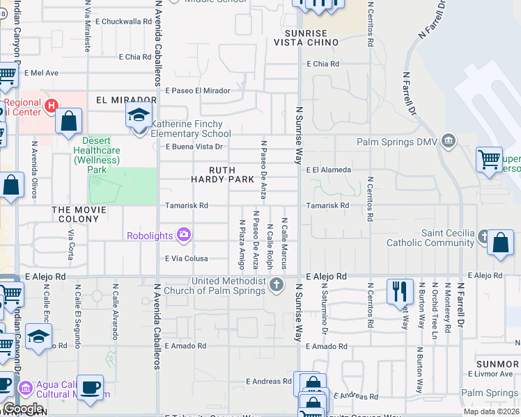 map of restaurants, bars, coffee shops, grocery stores, and more near 1399 Tamarisk Road in Palm Springs