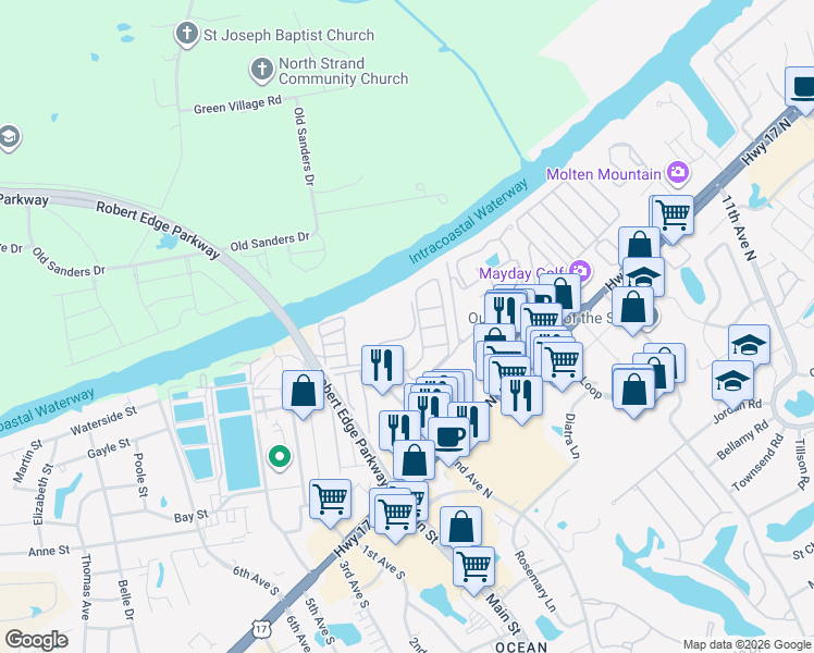 map of restaurants, bars, coffee shops, grocery stores, and more near 215 Landing Road in North Myrtle Beach