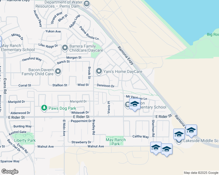 map of restaurants, bars, coffee shops, grocery stores, and more near 1715 Dennison Drive in Perris