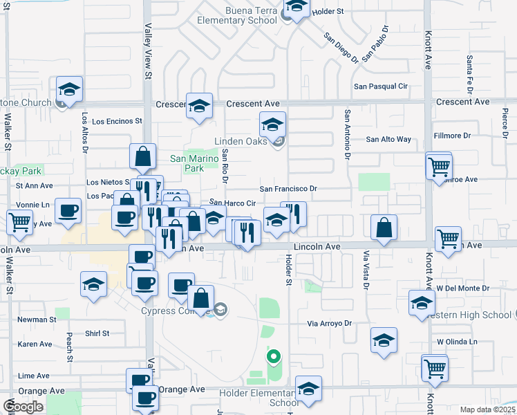 map of restaurants, bars, coffee shops, grocery stores, and more near 6400 San Harco Circle in Buena Park