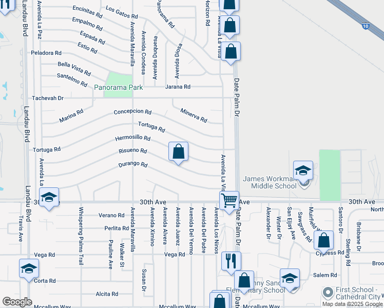 map of restaurants, bars, coffee shops, grocery stores, and more near 68790 Hermosillo Road in Cathedral City