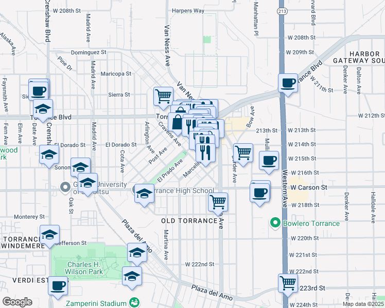map of restaurants, bars, coffee shops, grocery stores, and more near 1516 Cravens Avenue in Torrance