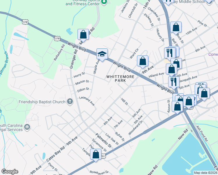 map of restaurants, bars, coffee shops, grocery stores, and more near 1816 Brown Street in Conway