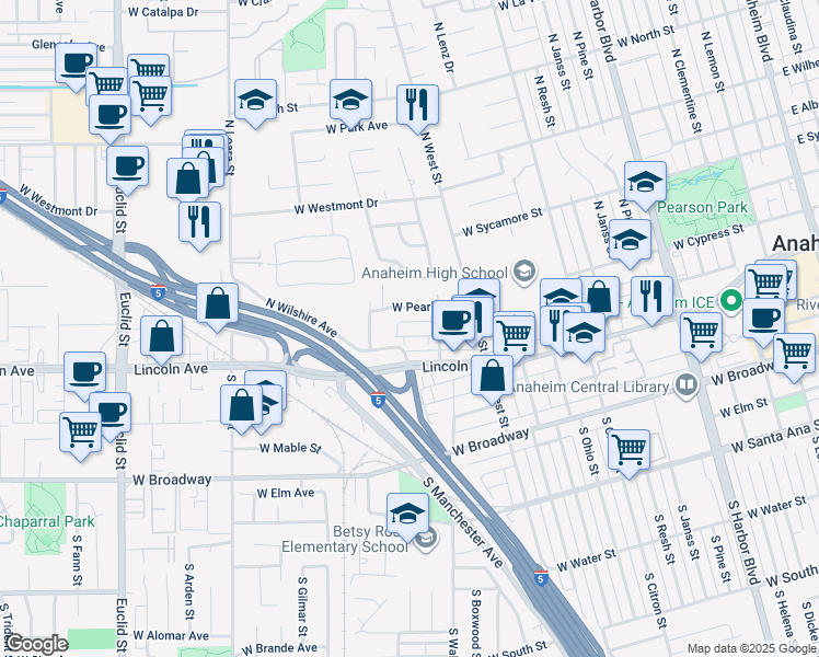 map of restaurants, bars, coffee shops, grocery stores, and more near 1225 West Diamond Street in Anaheim